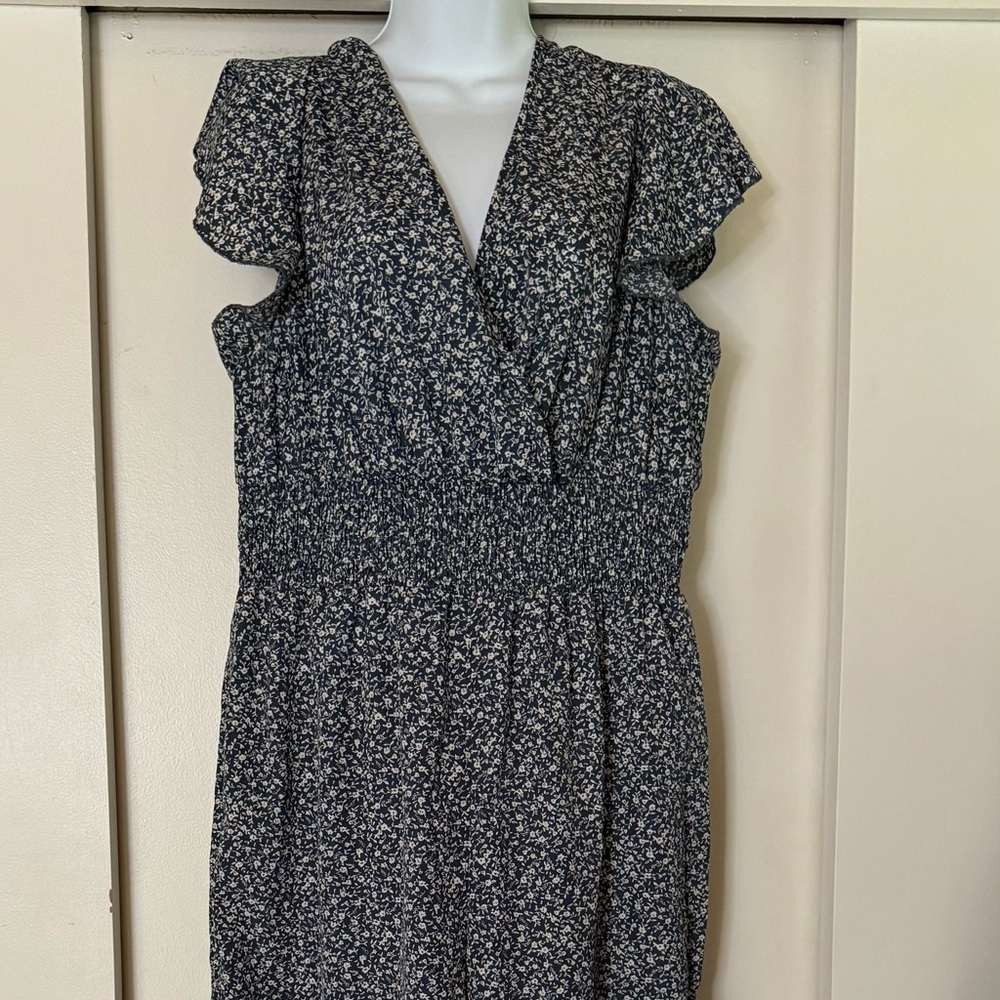 Navy Floral Print Jumpsuit, Lightweight, Ruffle Hem - Picture 1 of 5